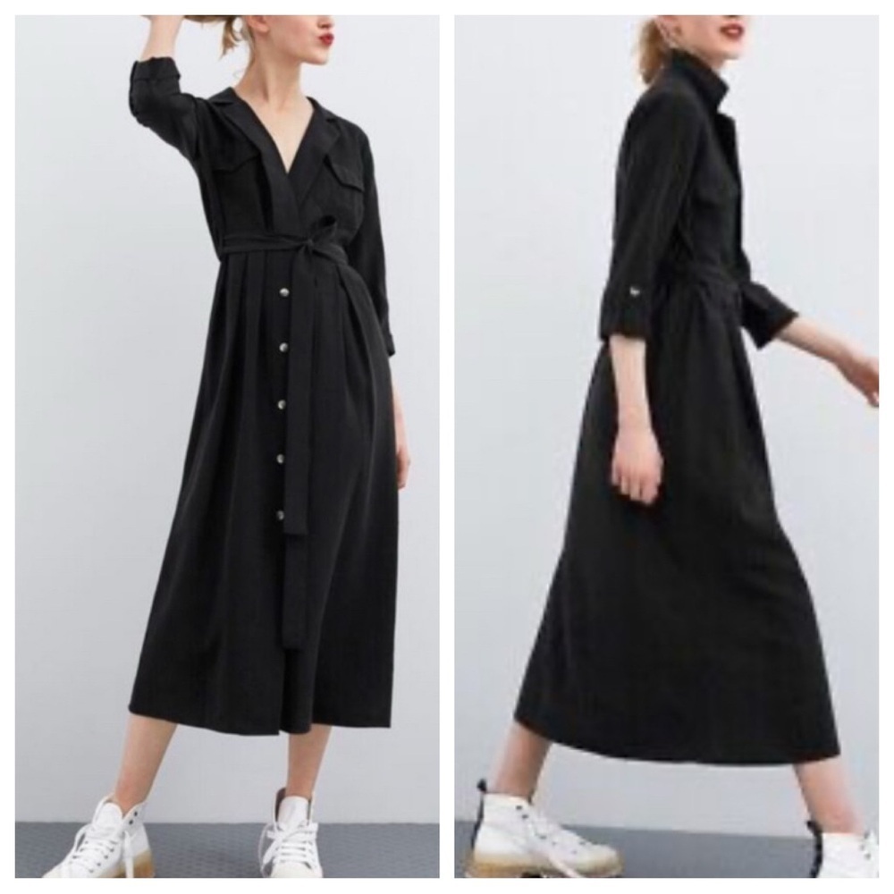 Zara Belted button front midi Shirtdress Black 45098